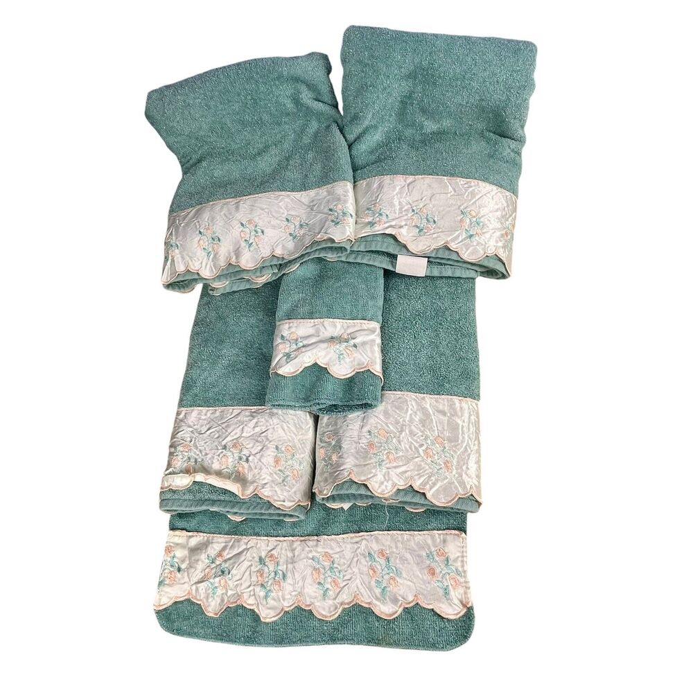 Vintage Set 6 Cannon Aqua Green Bath Hand Wash Towels Floral Satin Ruffle USA